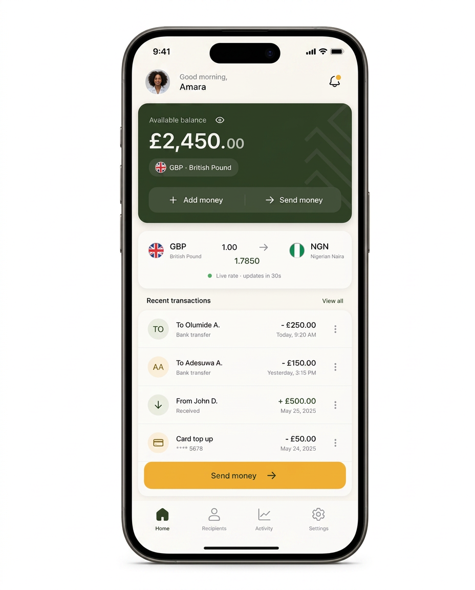 Bell Exchange mobile app showing GBP and NGN wallet balances and recent transactions